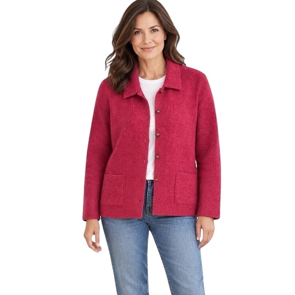 Lands End Boiled Wool Raspberry Pink  Jacket  Button Front Warm Cozy  12